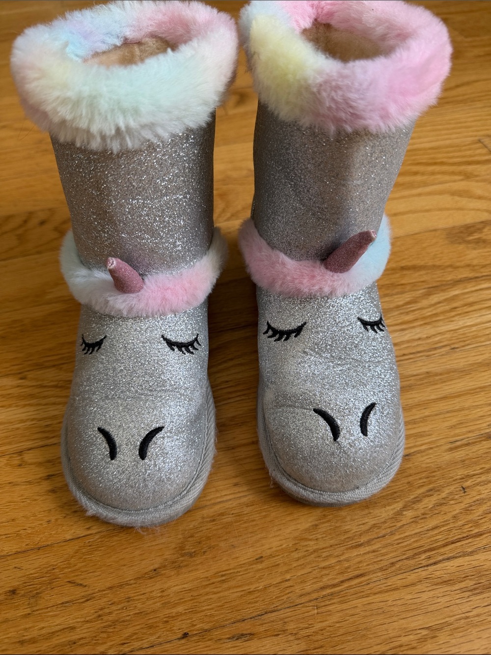 Girls' Sparkle Unicorn Faux-Fur Winter Boots - Silver with Pastel Trim